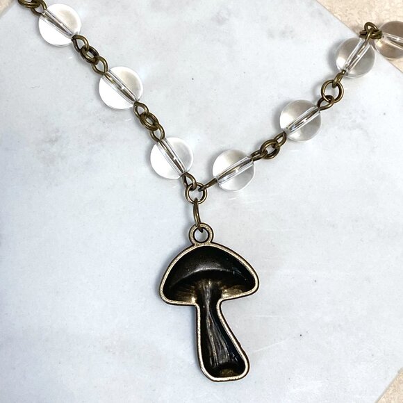 Genuine Clear Quartz Short Necklace, Bronze Slim Mushroom + Natural Gemstone - Picture 5 of 16